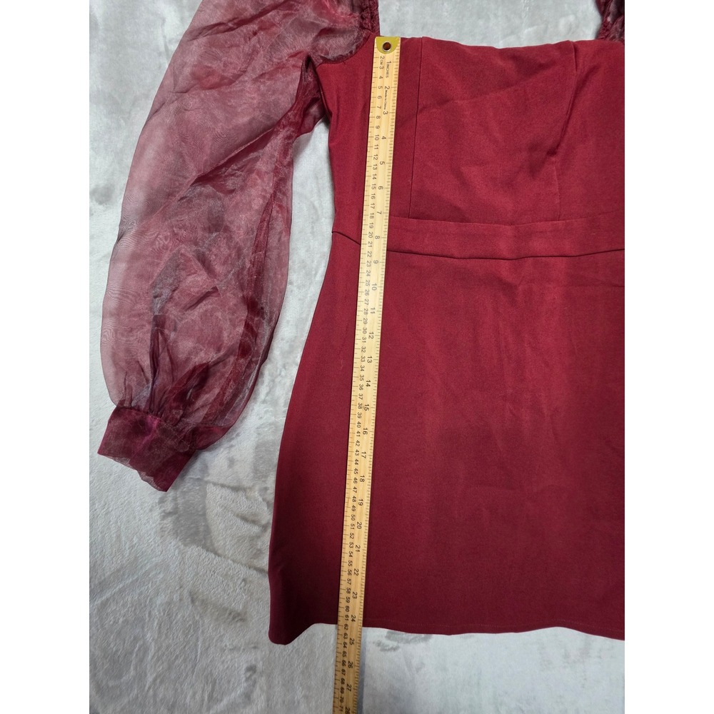 Fashion Nova Burgundy Square Neck Sheer‎ Puff Sleeve Mini Dress Small - Picture 5 of 8